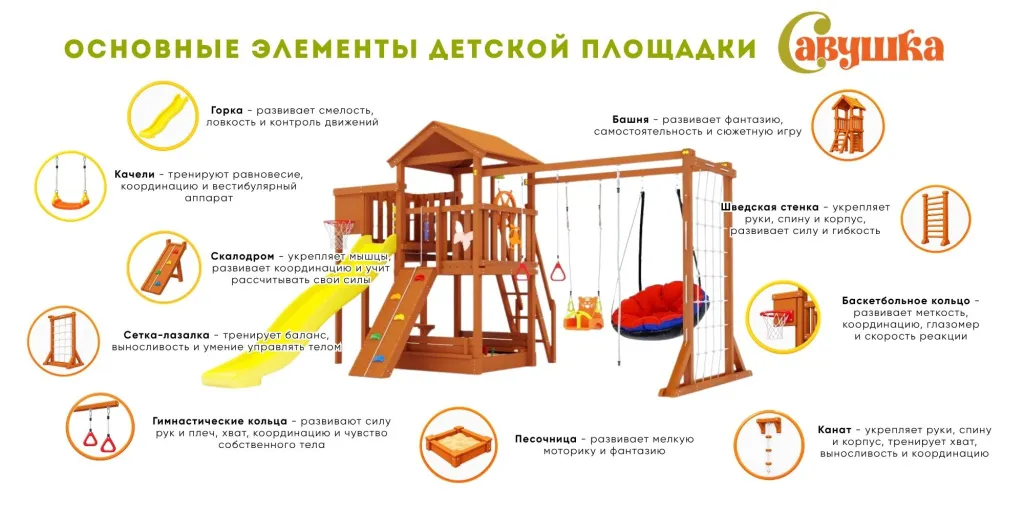 Горка, качели, башня, скалодром и спортивные элементы площадки Савушка