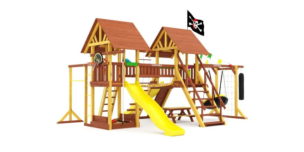 Премиальная детская площадка Савушка Люкс 9 COMFORT с многоуровневыми башнями, песочницей и спортивными элементами