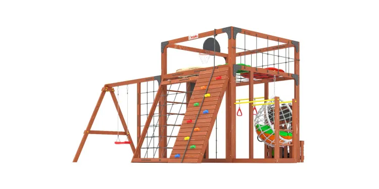 Детская площадка Савушка КУБ-7 (Махагон) с качелями Лодочка и коконом