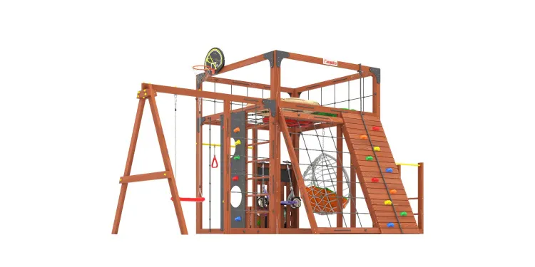 Детская площадка Савушка КУБ-7 (Махагон) с качелями Лодочка и коконом