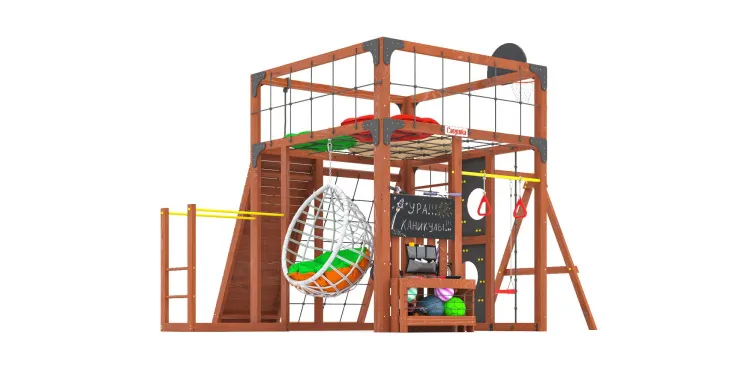 Детская площадка Савушка КУБ-7 (Махагон) с качелями Лодочка и коконом