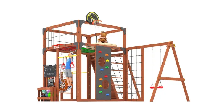 Детская площадка Савушка КУБ-7 (Махагон) с качелями Лодочка и коконом