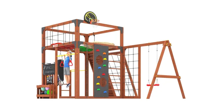 Детская площадка Савушка КУБ-7 (Махагон) с подушками и качелями Лодочка