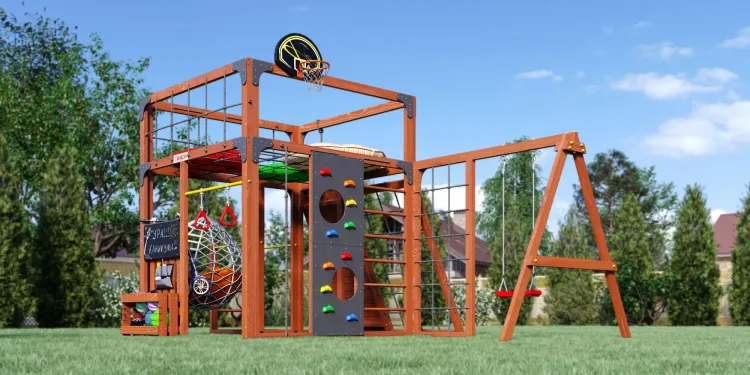 Детская площадка Савушка КУБ-7 (Махагон) с качелями Лодочка и коконом