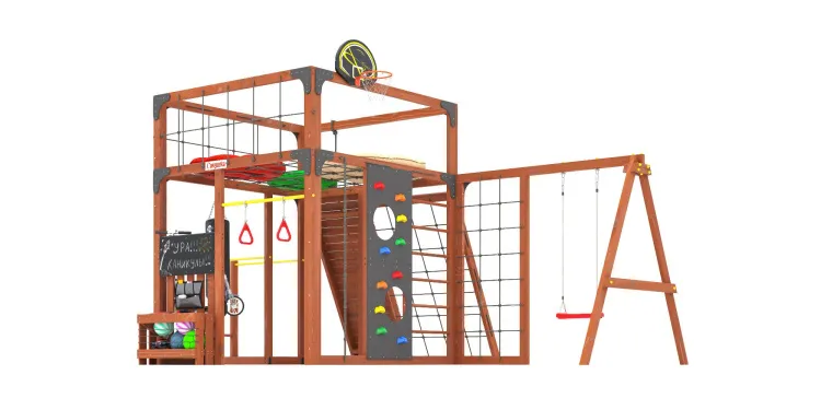 Детская площадка Савушка КУБ-7 (Махагон) с подушками и качелями Лодочка