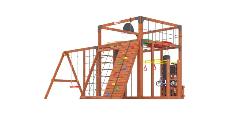 Детская площадка Савушка КУБ-7 (Махагон) с подушками и качелями Лодочка