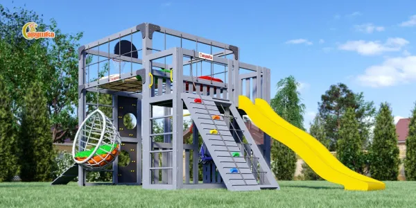 Детская площадка Савушка КУБ-3 (Серый) с подушками и коконом