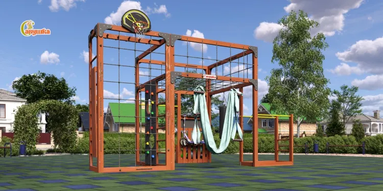 Детская площадка Савушка КУБ-2 (Махагон) с гамаком для йоги