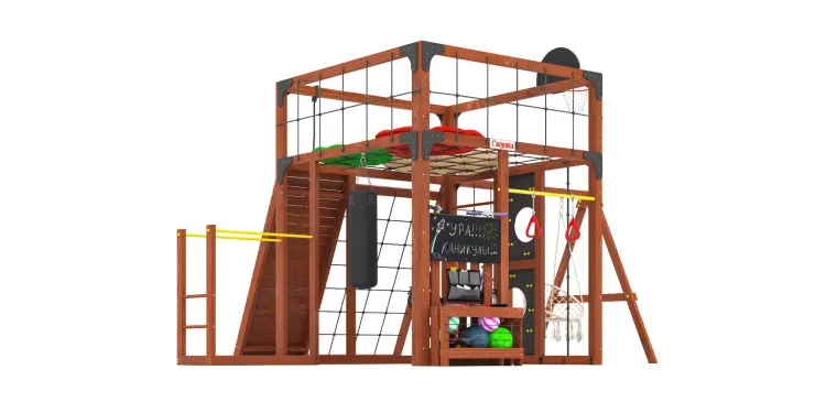 Детская площадка Савушка КУБ-7 (Махагон) с подушками и плетеным креслом