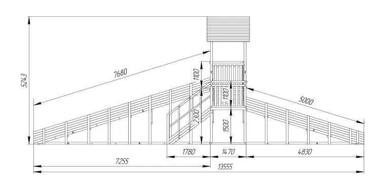Каркас зимней горки Савушка Зима 7/3 из клеёного бруса 90×90 мм с ограждениями и лестницей
