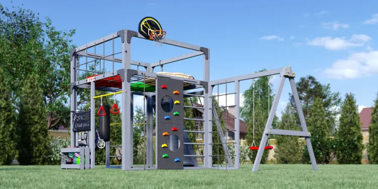 Детская площадка Савушка КУБ-7 (Серый) с подушками и качелями Лодочка