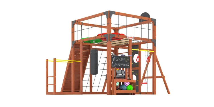 Детская площадка Савушка КУБ-7 (Махагон) с подушками и качелями Лодочка