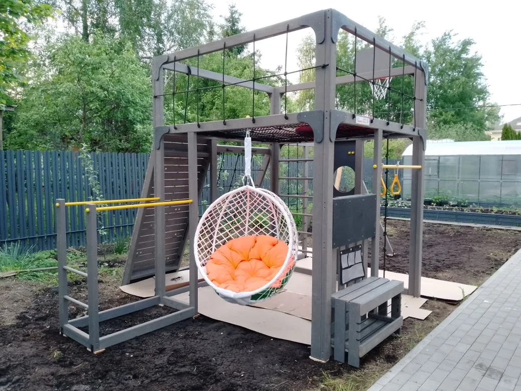 Детская площадка Савушка КУБ-7 (Серый) с коконом и подушками в СНТ