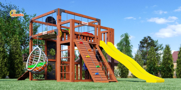 Детская площадка Савушка КУБ-3 (Махагон) с подушками и коконом Детская площадка Савушка КУБ-3 (Махагон) с подушками и коконом