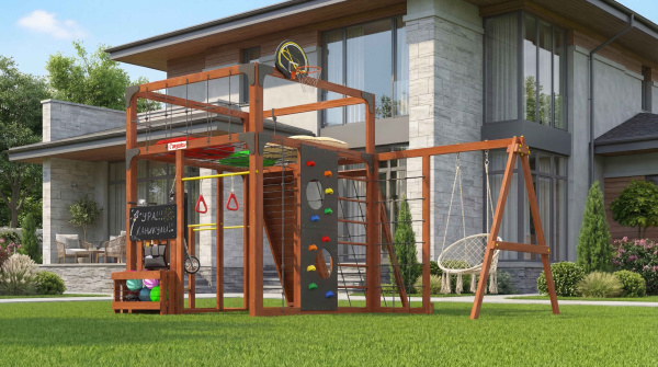 Детская площадка Савушка КУБ-7 (Махагон) с подушками и плетеным креслом