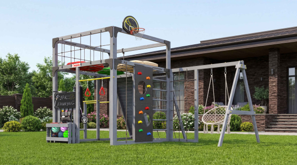 Детская площадка Савушка КУБ-7 (Серый) с подушками и плетеным креслом