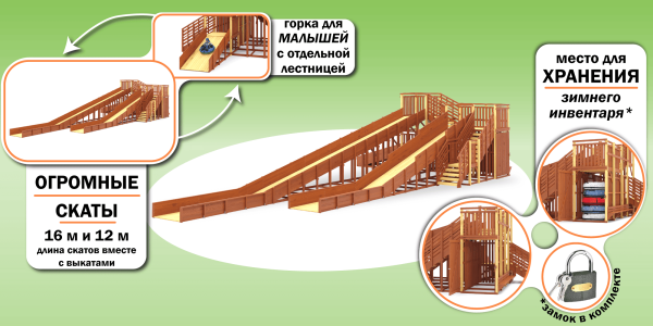 Зимняя горка Савушка Зима 15/1 (Махагон) без крыши и с лавочкой