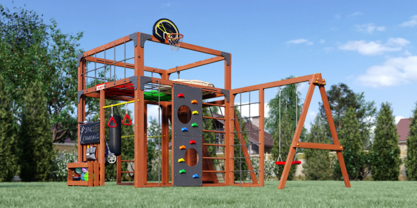 Детская площадка Савушка КУБ-7 (Махагон) с подушками и качелями Лодочка